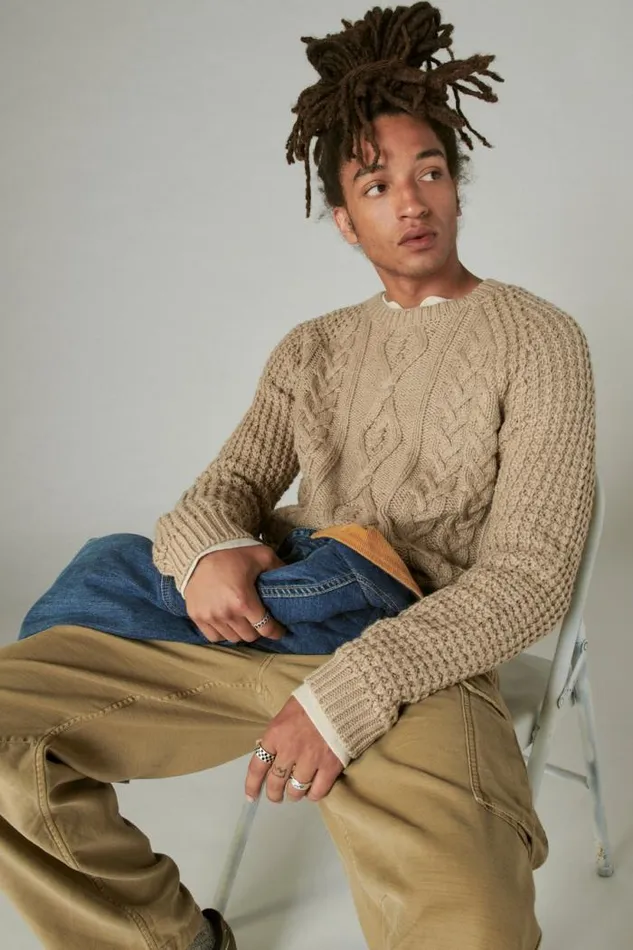 Lucky Brand Tweed Crew Neck Sweater Straw Heather Tweed Men Sweaters