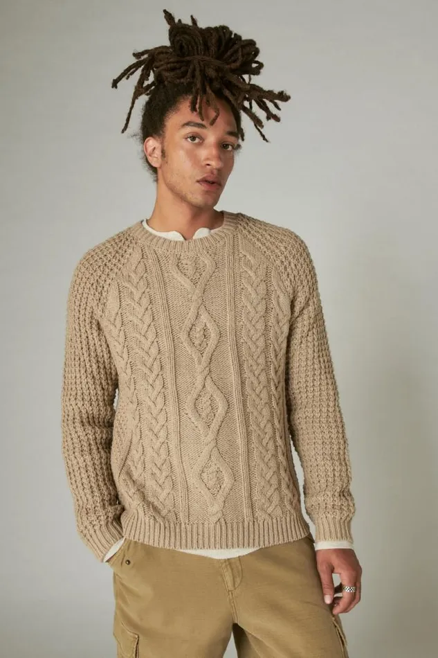Lucky Brand Tweed Crew Neck Sweater Straw Heather Tweed Men Sweaters