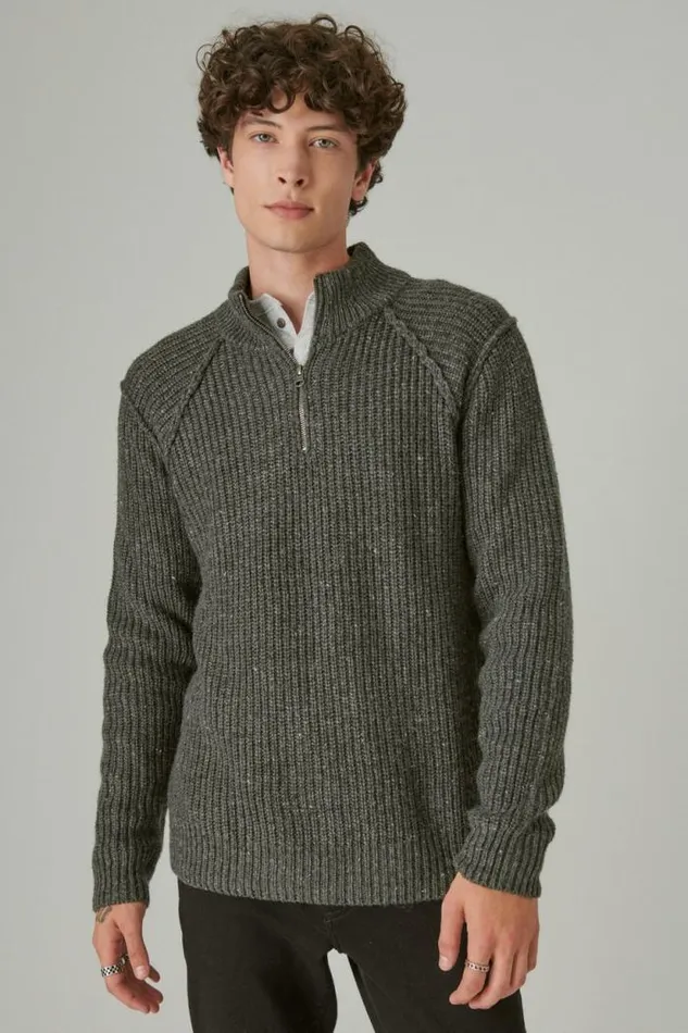 Lucky Brand Tweed Mock Zip Charcoal Heather Gre Men Sweaters