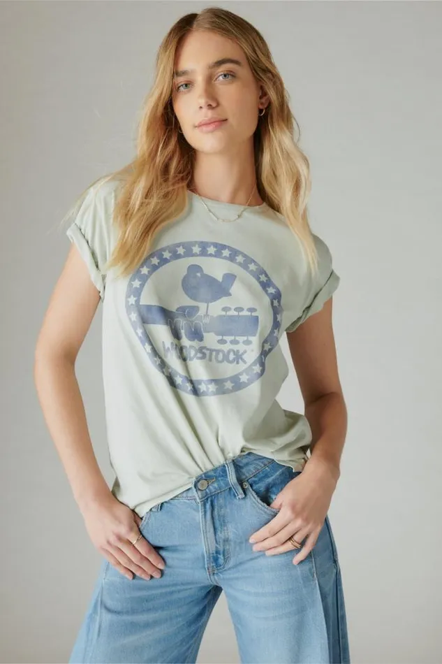 Lucky Brand Woodstock Star Circle Boyfriend Tee Zephyr Blur Women Graphic Tees