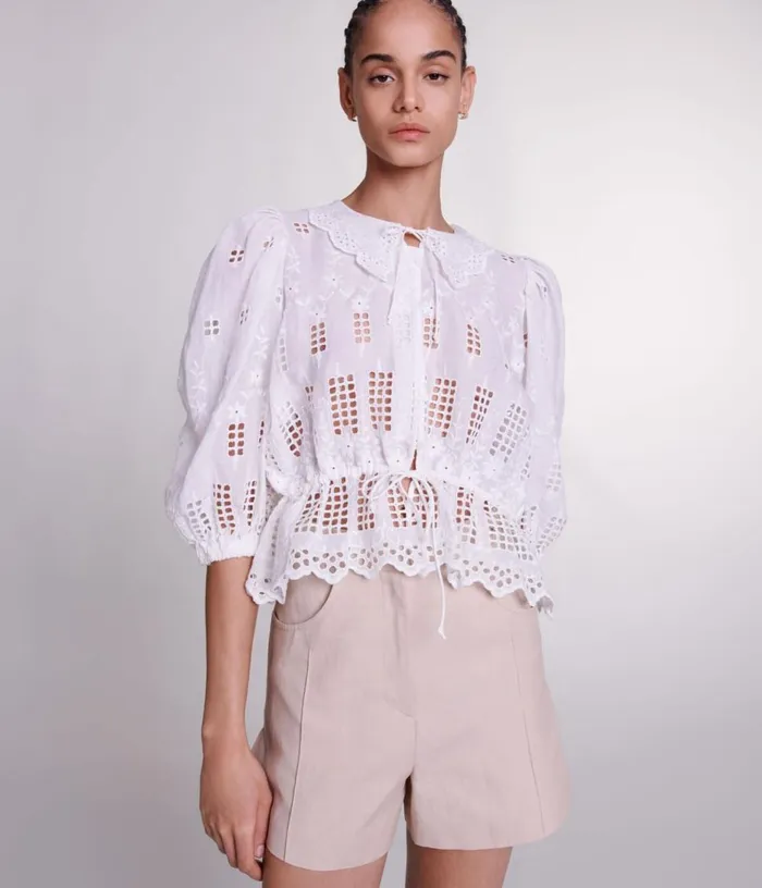 Maje Embroidered Ramie Blouse Women Tops and Shirts