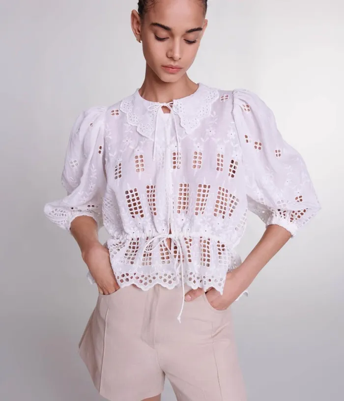Maje Embroidered Ramie Blouse Women Tops and Shirts