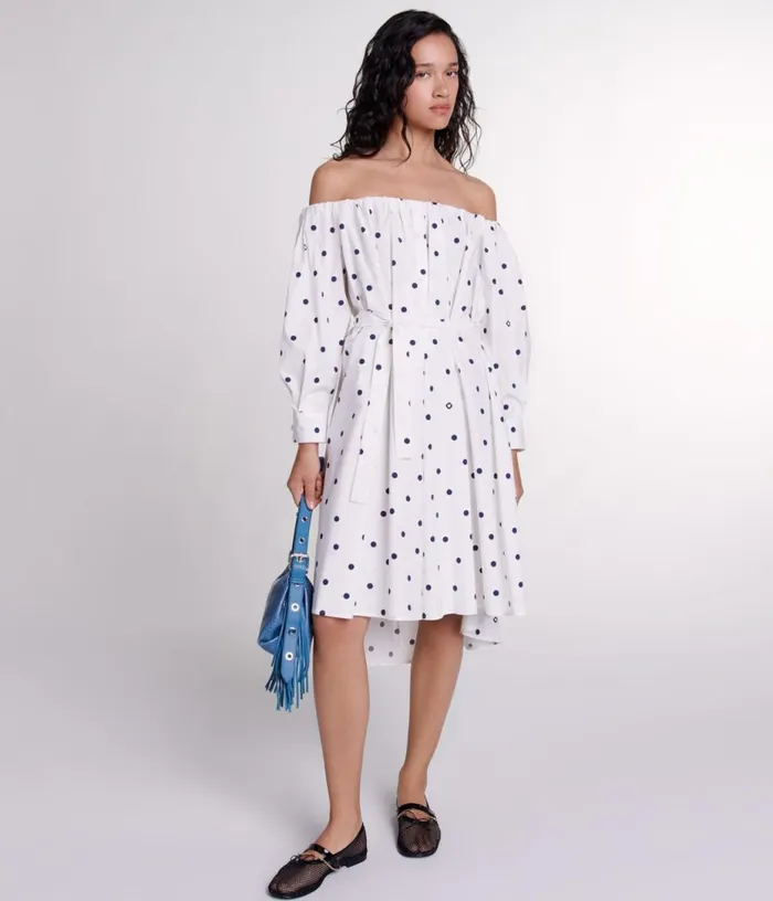 Maje Shirt Dress With Bardot Neckline Women Dresses