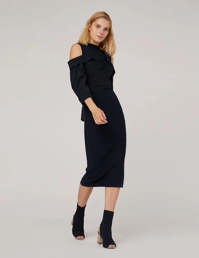 MARYLING Black Dress SEMITURTLENECK KNIT SPLICED WOVEN DRESS Blue 8211 Women
