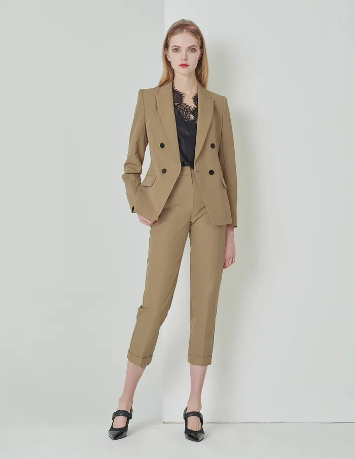 MARYLING Blazers Flip Collar DoubleBreasted Suit Brown 8211 Women MARYLING Blazers Flip Collar DoubleBreasted Suit Brown 8211 Women