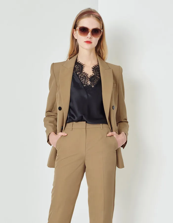 MARYLING Blazers Flip Collar DoubleBreasted Suit Brown 8211 Women MARYLING Blazers Flip Collar DoubleBreasted Suit Brown 8211 Women
