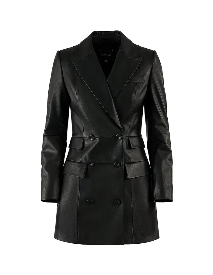 MARYLING Blazers PeakLapel DoubleBreasted Leather Blazer Black 8211 Women MARYLING Blazers PeakLapel DoubleBreasted Leather Blazer Black 8211 Women
