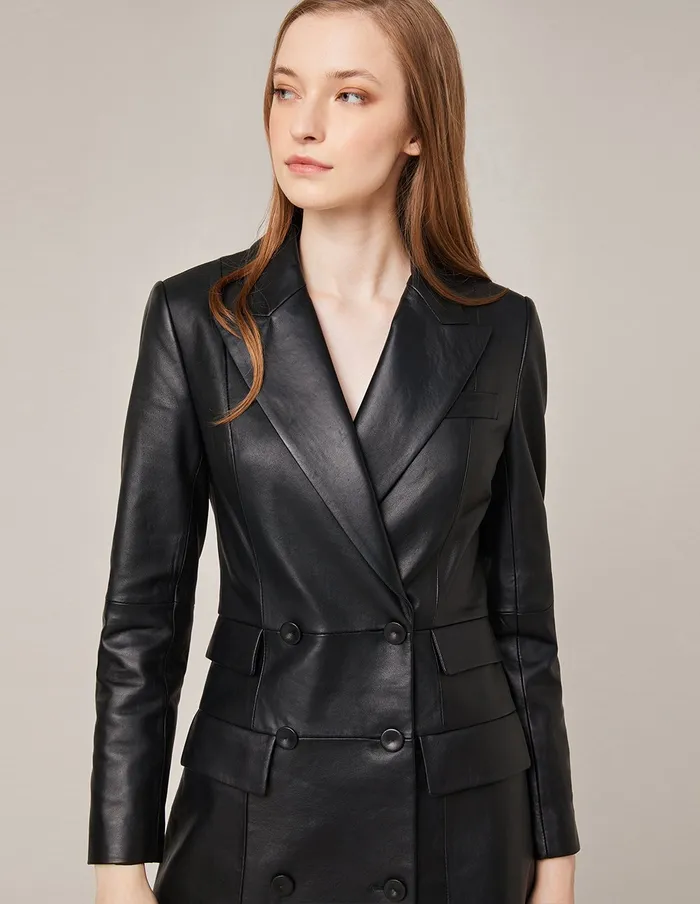 MARYLING Blazers PeakLapel DoubleBreasted Leather Blazer Black 8211 Women MARYLING Blazers PeakLapel DoubleBreasted Leather Blazer Black 8211 Women