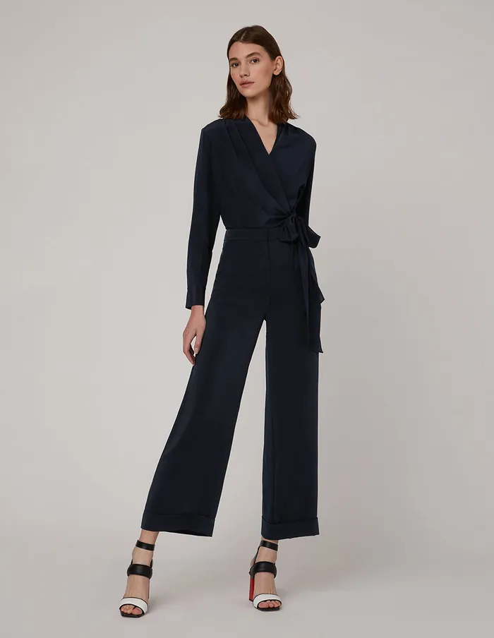 MARYLING Blouse Pleated Vneck Long Sleeved Tops Blue 8211 Women