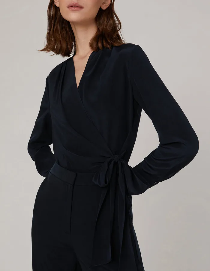 MARYLING Blouse Pleated Vneck Long Sleeved Tops Blue 8211 Women MARYLING Blouse Pleated Vneck Long Sleeved Tops Blue 8211 Women