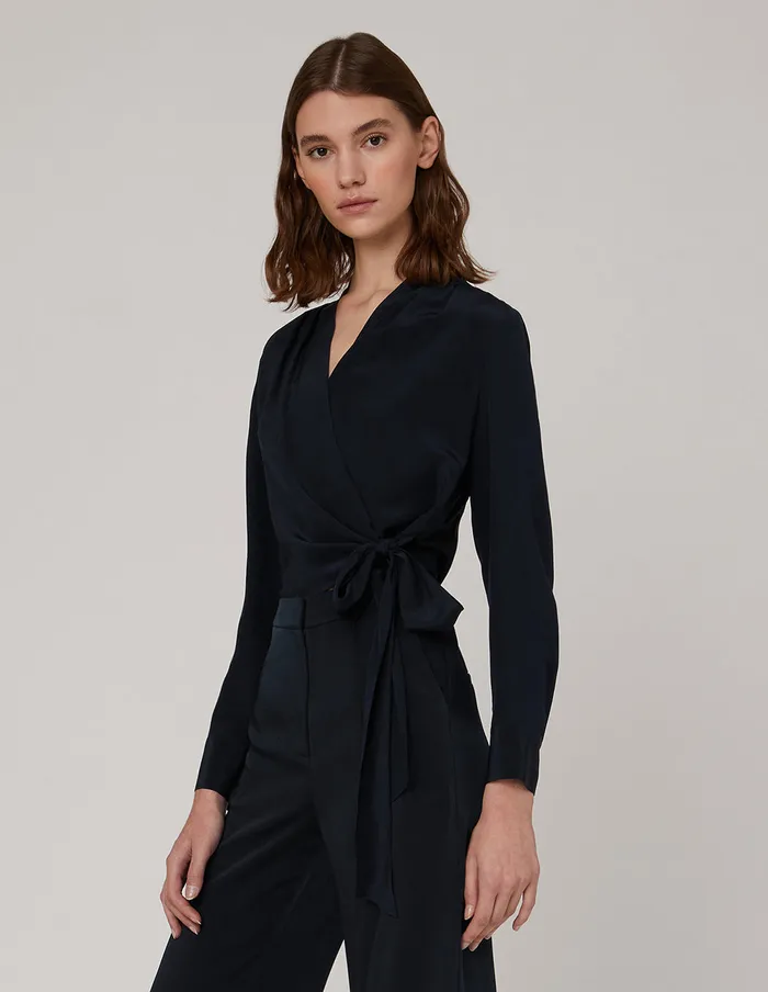 MARYLING Blouse Pleated Vneck Long Sleeved Tops Blue 8211 Women MARYLING Blouse Pleated Vneck Long Sleeved Tops Blue 8211 Women