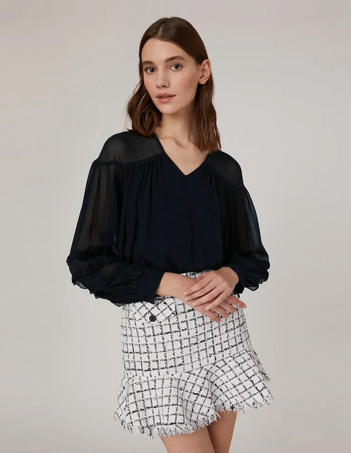 MARYLING Blouse VNeck BoxyFit Puff Sleeves Silk Blouse Blue 8211 Women