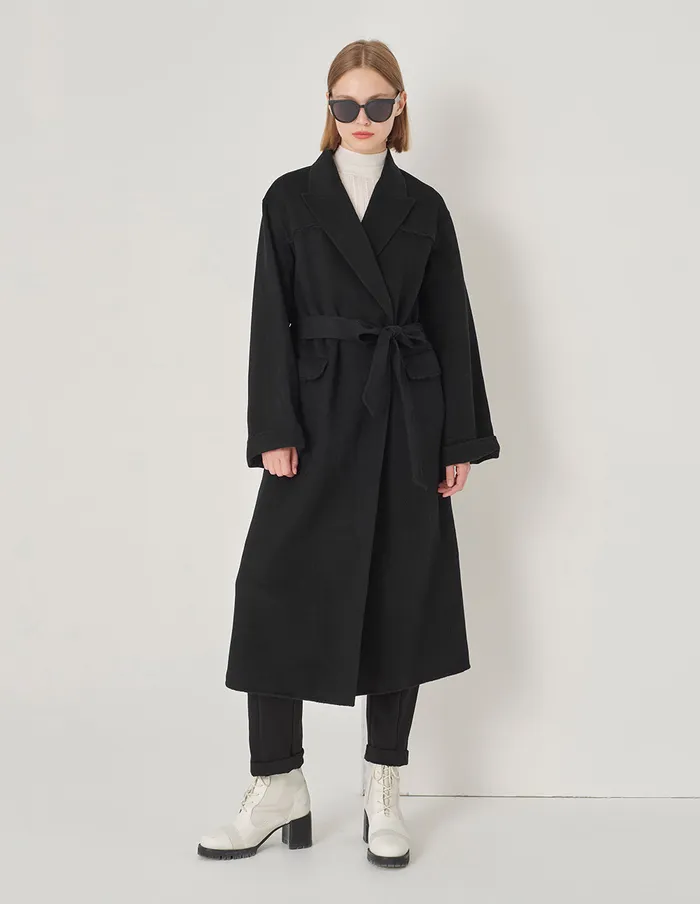 MARYLING Jacket and Coat Black Lapel Webbing Long Coat Black 8211 Women