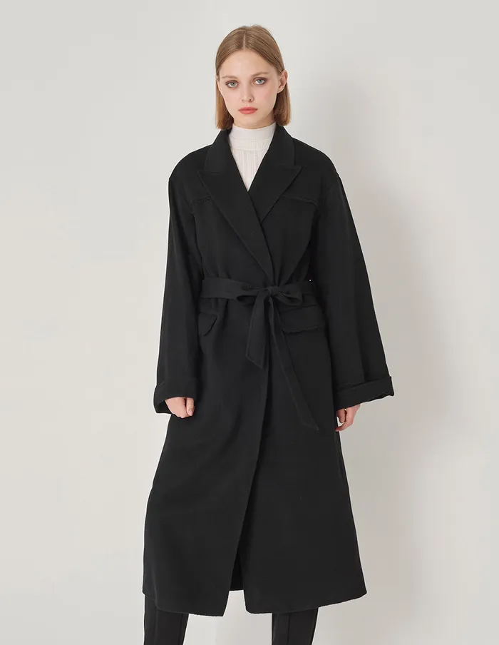 MARYLING Jacket and Coat Black Lapel Webbing Long Coat Black 8211 Women MARYLING Jacket and Coat Black Lapel Webbing Long Coat Black 8211 Women