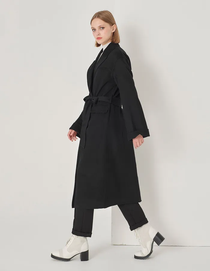 MARYLING Jacket and Coat Black Lapel Webbing Long Coat Black 8211 Women MARYLING Jacket and Coat Black Lapel Webbing Long Coat Black 8211 Women