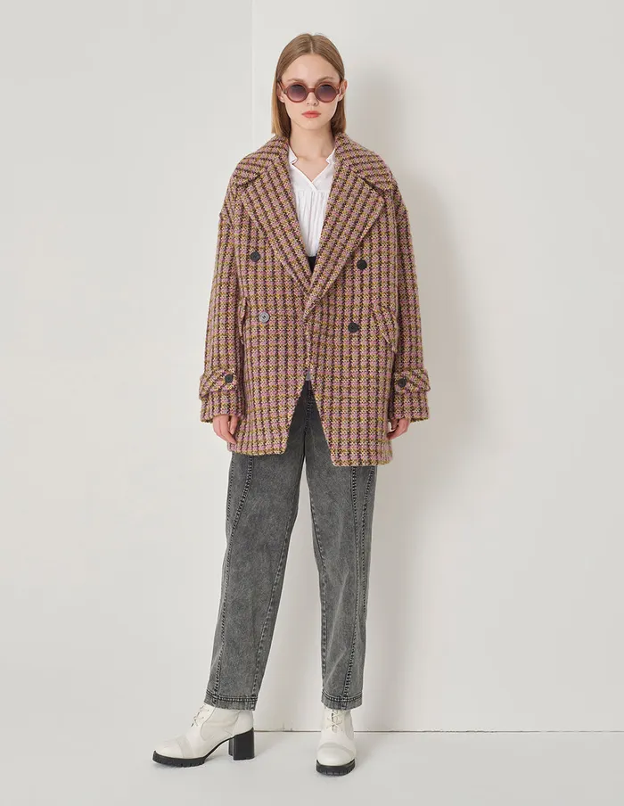 MARYLING Jacket and Coat Large Lapel DoubleBreasted HShaped Midi Coat Checkes 8211 Women MARYLING Jacket and Coat Large Lapel DoubleBreasted HShaped Midi Coat Checkes 8211 Women