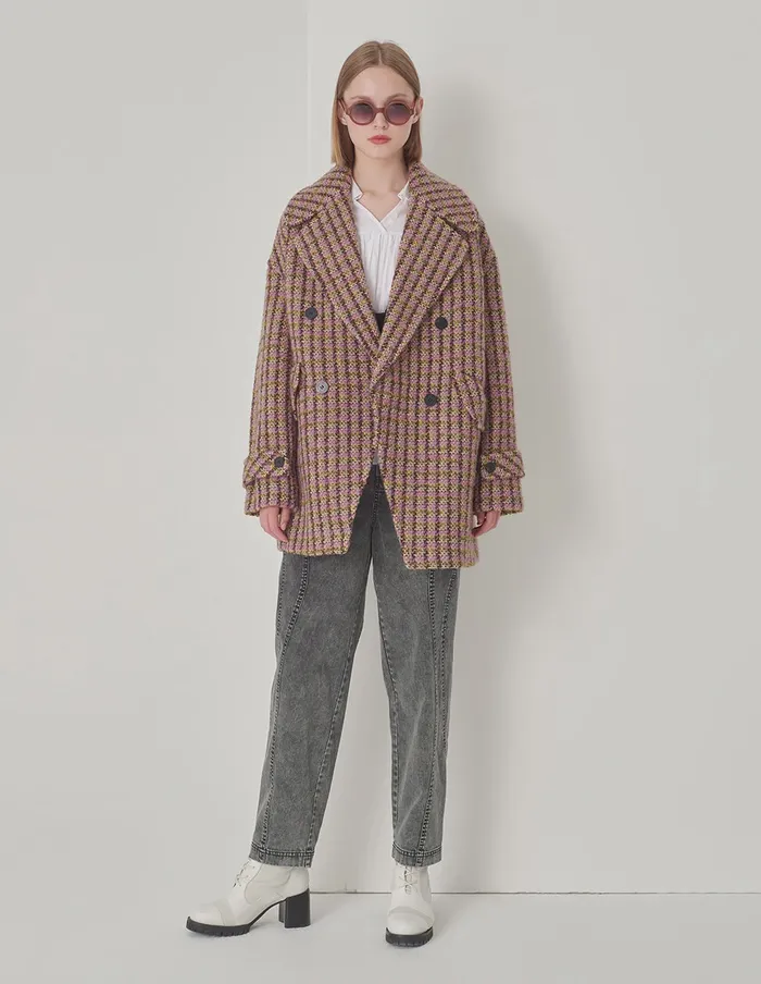 MARYLING Jacket and Coat Large Lapel DoubleBreasted HShaped Midi Coat Checkes 8211 Women MARYLING Jacket and Coat Large Lapel DoubleBreasted HShaped Midi Coat Checkes 8211 Women