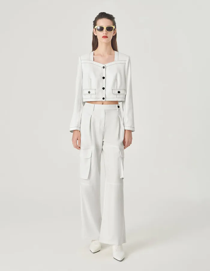 MARYLING Jacket and Coat White Contrast Topstitched Short Jacket Snow 8211 Women MARYLING Jacket and Coat White Contrast Topstitched Short Jacket Snow 8211 Women