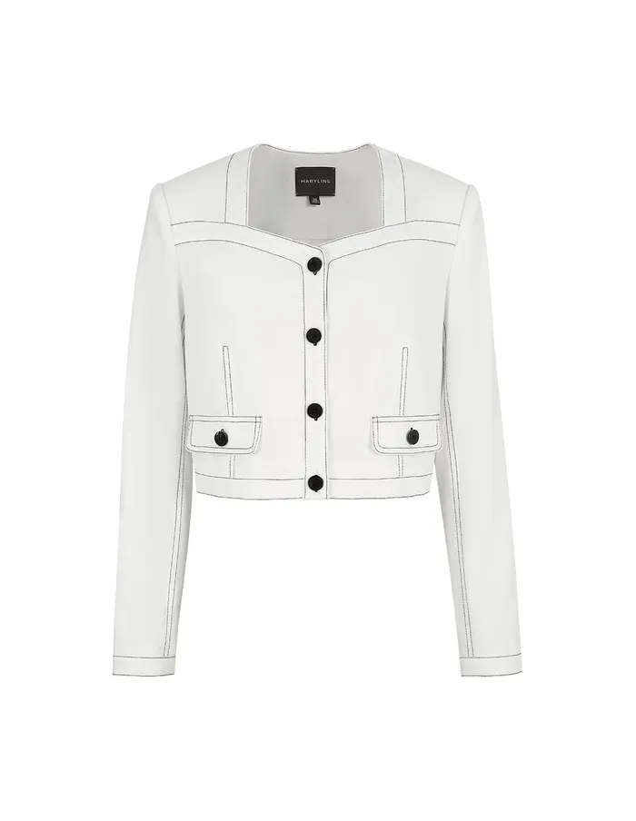 MARYLING Jacket and Coat White Contrast Topstitched Short Jacket Snow 8211 Women MARYLING Jacket and Coat White Contrast Topstitched Short Jacket Snow 8211 Women