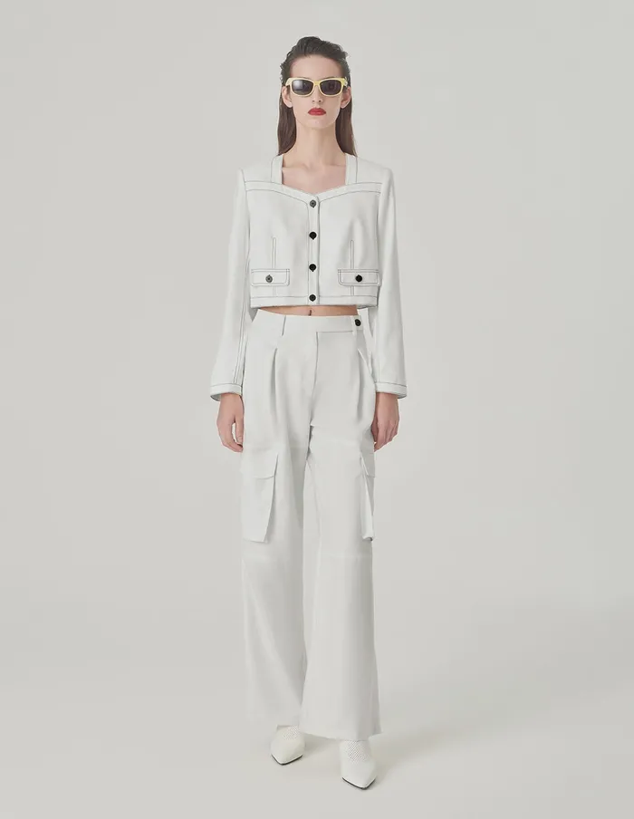 MARYLING Jacket and Coat White Contrast Topstitched Short Jacket Snow 8211 Women MARYLING Jacket and Coat White Contrast Topstitched Short Jacket Snow 8211 Women
