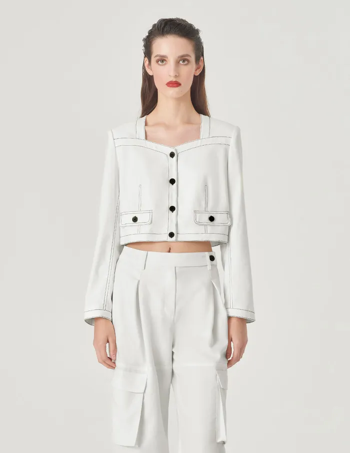 MARYLING Jacket and Coat White Contrast Topstitched Short Jacket Snow 8211 Women MARYLING Jacket and Coat White Contrast Topstitched Short Jacket Snow 8211 Women