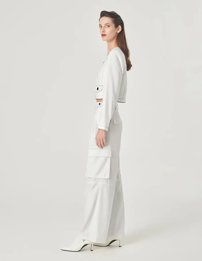 MARYLING Jacket and Coat White Contrast Topstitched Short Jacket Snow 8211 Women MARYLING Jacket and Coat White Contrast Topstitched Short Jacket Snow 8211 Women