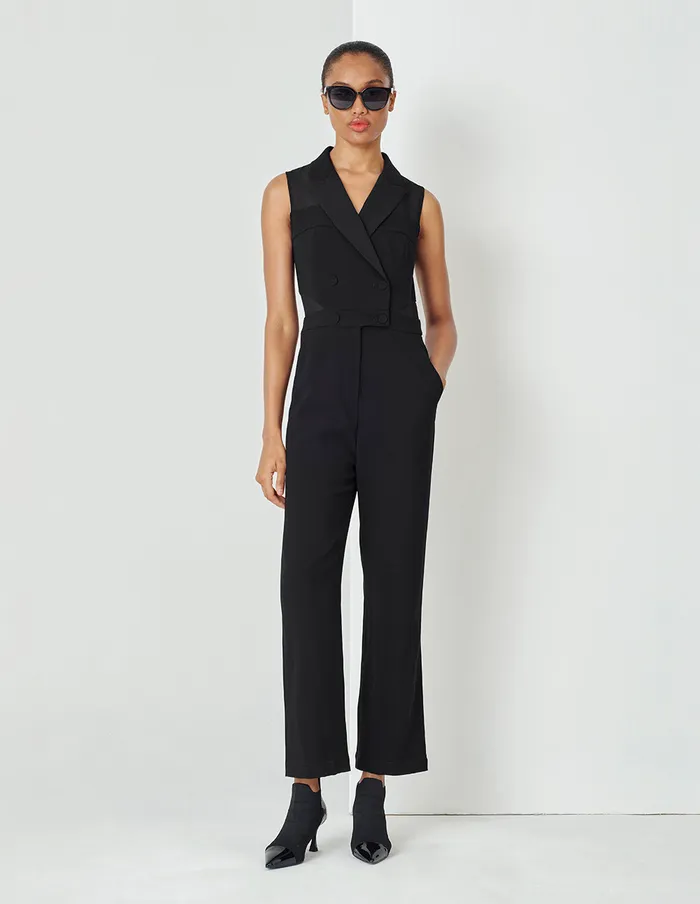 MARYLING Jumpsuits Black Point Collar Paneled Georgette Sleeveless Jumpsuit Black 8211 Women MARYLING Jumpsuits Black Point Collar Paneled Georgette Sleeveless Jumpsuit Black 8211 Women