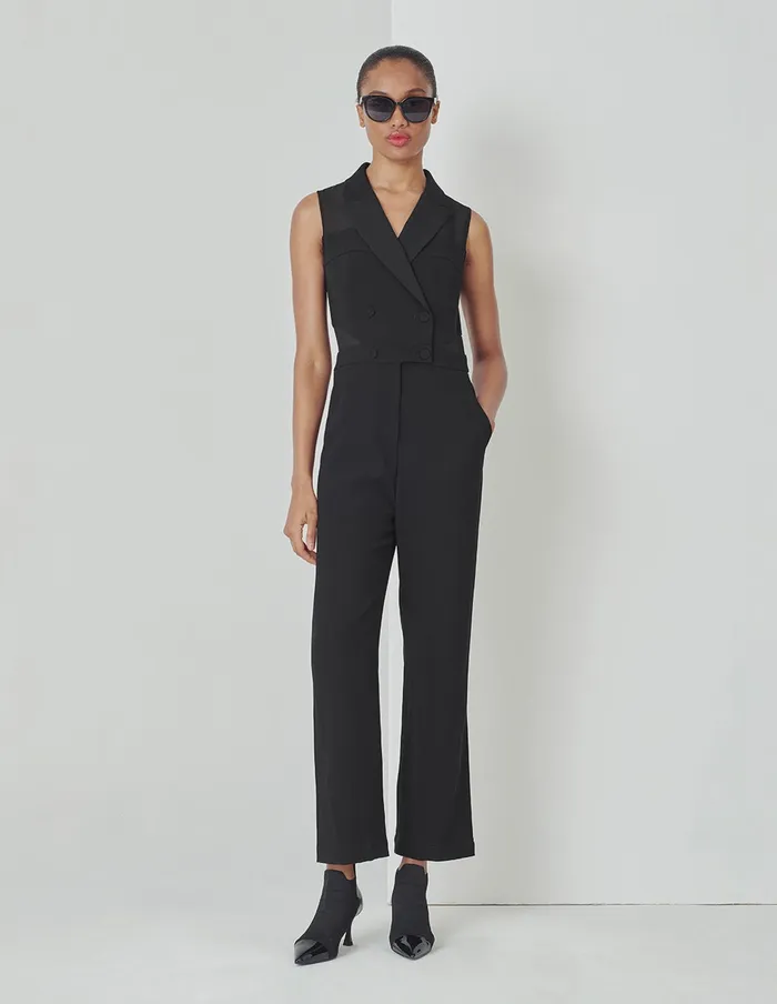 MARYLING Jumpsuits Black Point Collar Paneled Georgette Sleeveless Jumpsuit Black 8211 Women MARYLING Jumpsuits Black Point Collar Paneled Georgette Sleeveless Jumpsuit Black 8211 Women