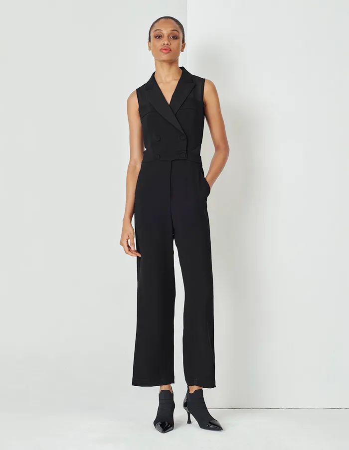 MARYLING Jumpsuits Black Point Collar Paneled Georgette Sleeveless Jumpsuit Black 8211 Women MARYLING Jumpsuits Black Point Collar Paneled Georgette Sleeveless Jumpsuit Black 8211 Women
