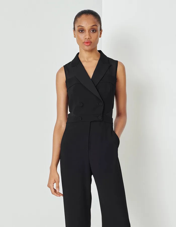 MARYLING Jumpsuits Black Point Collar Paneled Georgette Sleeveless Jumpsuit Black 8211 Women MARYLING Jumpsuits Black Point Collar Paneled Georgette Sleeveless Jumpsuit Black 8211 Women