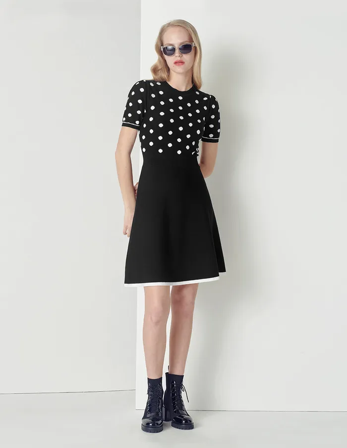 MARYLING Knit Dress Crew Neck BandW Polka Dot Short Sleeve Knitted Dress Mix 8211 Women MARYLING Knit Dress Crew Neck BandW Polka Dot Short Sleeve Knitted Dress Mix 8211 Women