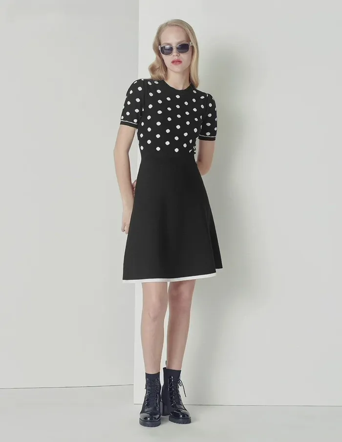 MARYLING Knit Dress Crew Neck BandW Polka Dot Short Sleeve Knitted Dress Mix 8211 Women MARYLING Knit Dress Crew Neck BandW Polka Dot Short Sleeve Knitted Dress Mix 8211 Women