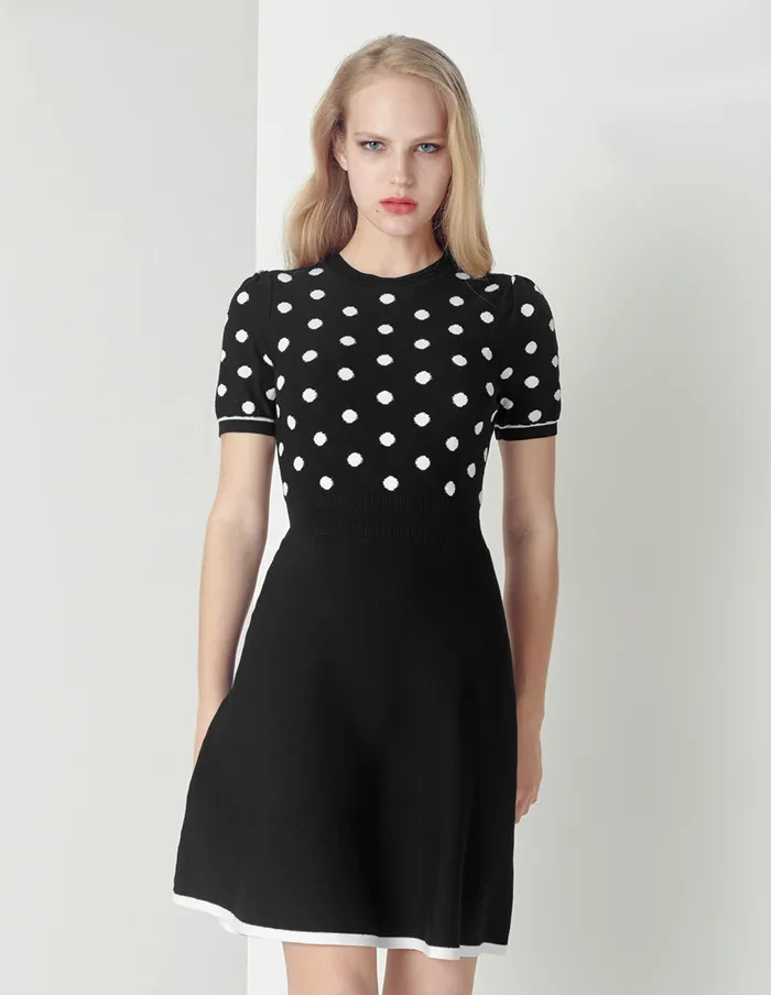 MARYLING Knit Dress Crew Neck BandW Polka Dot Short Sleeve Knitted Dress Mix 8211 Women MARYLING Knit Dress Crew Neck BandW Polka Dot Short Sleeve Knitted Dress Mix 8211 Women