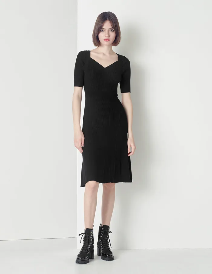MARYLING Knit Dress Vneck Aline With Cable Knitted Dress Black 8211 Women