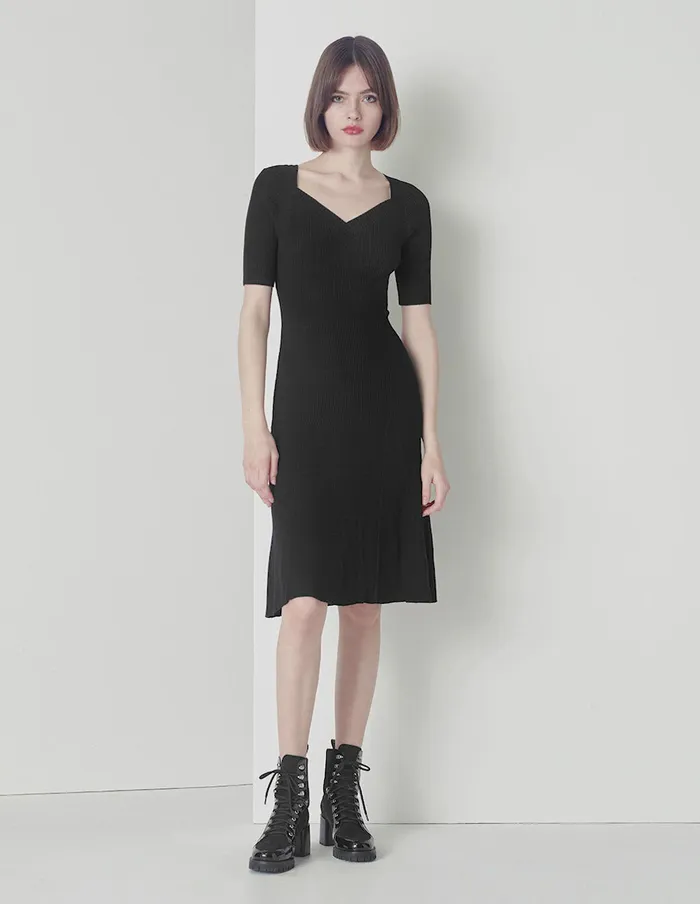 MARYLING Knit Dress Vneck Aline With Cable Knitted Dress Black 8211 Women MARYLING Knit Dress Vneck Aline With Cable Knitted Dress Black 8211 Women