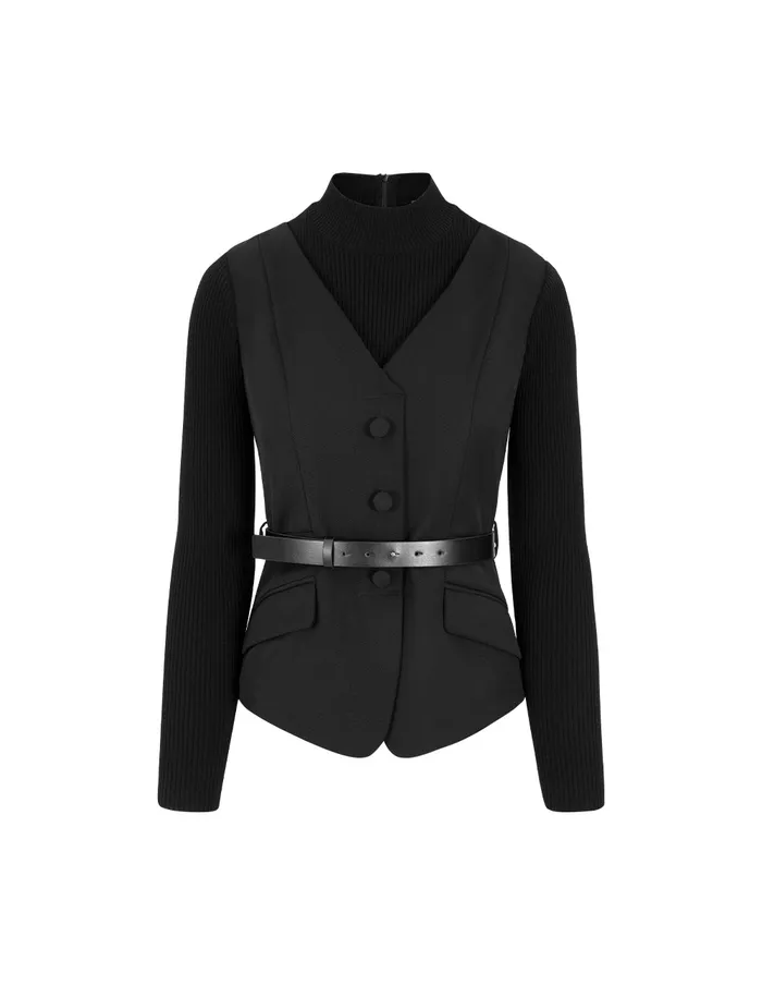 MARYLING Knitwear Black Faux Wool Top Splicing Vest Black 8211 Women MARYLING Knitwear Black Faux Wool Top Splicing Vest Black 8211 Women
