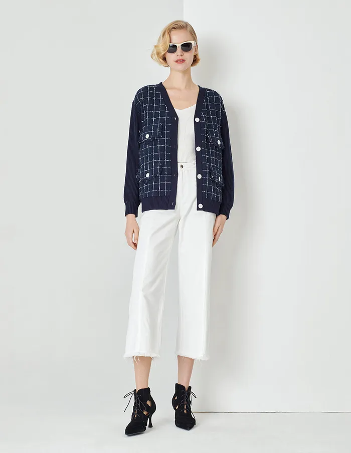 MARYLING Knitwear Blue And White Check Needle Shuttle Cardigan Mix 8211 Women MARYLING Knitwear Blue And White Check Needle Shuttle Cardigan Mix 8211 Women