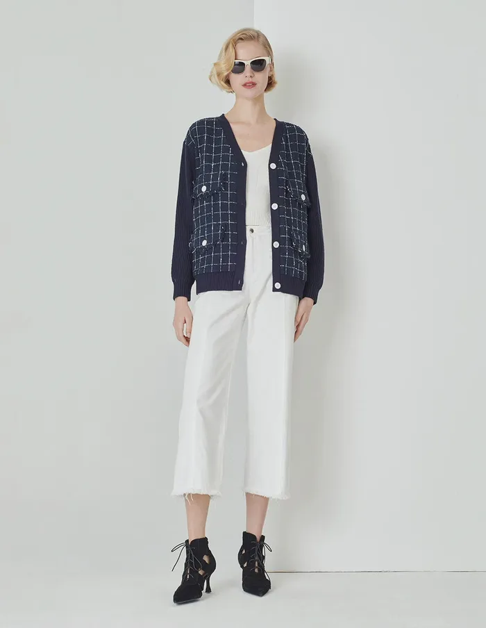 MARYLING Knitwear Blue And White Check Needle Shuttle Cardigan Mix 8211 Women MARYLING Knitwear Blue And White Check Needle Shuttle Cardigan Mix 8211 Women