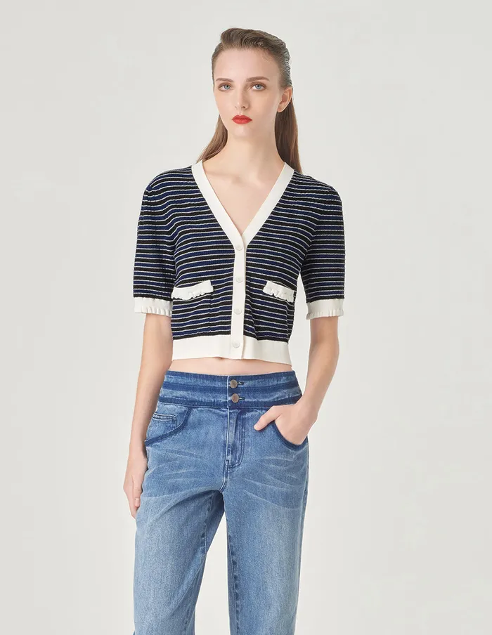 MARYLING Knitwear Colour Block VNeck Knitted Cardigan Blue And White 8211 Women MARYLING Knitwear Colour Block VNeck Knitted Cardigan Blue And White 8211 Women