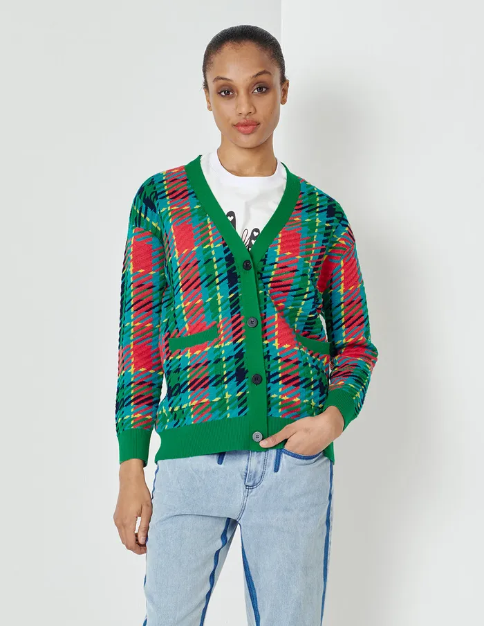 MARYLING Knitwear Colourful Plaid VNeck Knitted Cardigan Mix 8211 Women MARYLING Knitwear Colourful Plaid VNeck Knitted Cardigan Mix 8211 Women