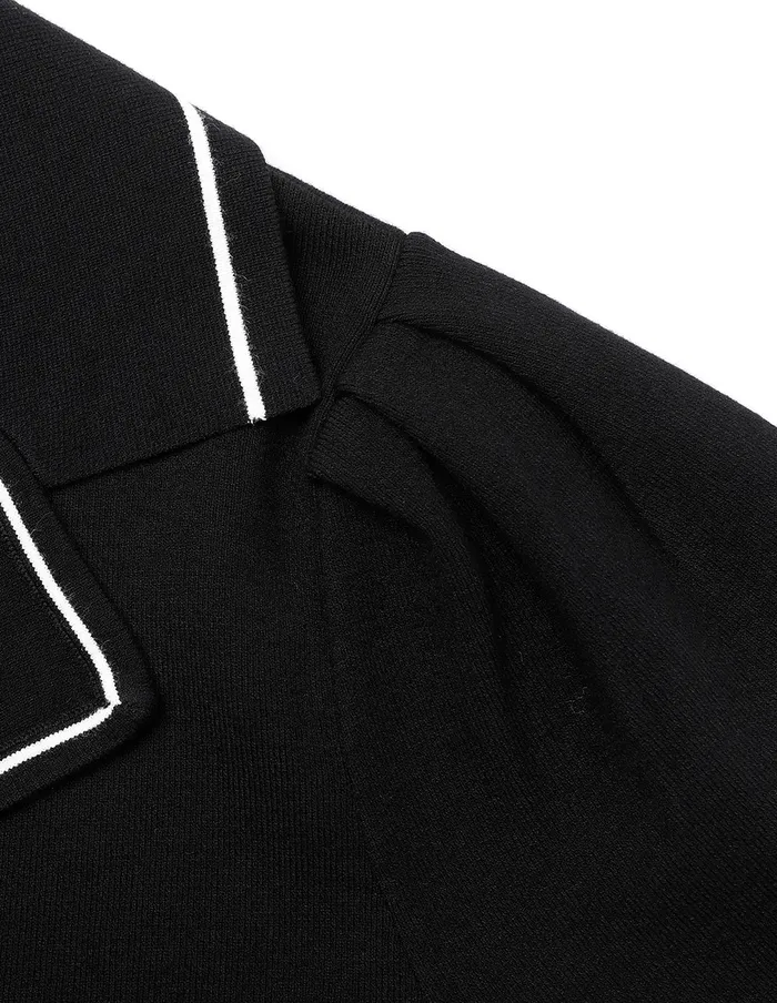 MARYLING Knitwear Lapel Short Puff Sleeve DoubleBreasted Knitted Top Black 8211 Women MARYLING Knitwear Lapel Short Puff Sleeve DoubleBreasted Knitted Top Black 8211 Women
