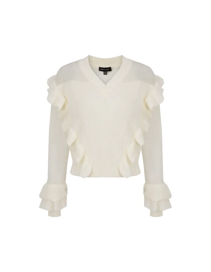 MARYLING Knitwear OffWhite VNeck Ruffled Knit Pullover Cream 8211 Women