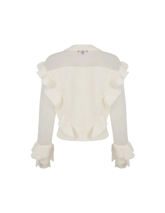 MARYLING Knitwear OffWhite VNeck Ruffled Knit Pullover Cream 8211 Women MARYLING Knitwear OffWhite VNeck Ruffled Knit Pullover Cream 8211 Women