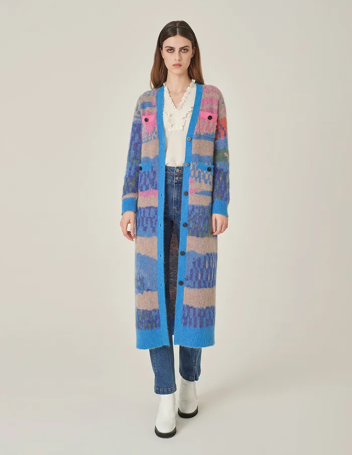 MARYLING Knitwear VNeck ColorStriped Jacquard Long Knitted Cardigan Dark Blue 8211 Women MARYLING Knitwear VNeck ColorStriped Jacquard Long Knitted Cardigan Dark Blue 8211 Women