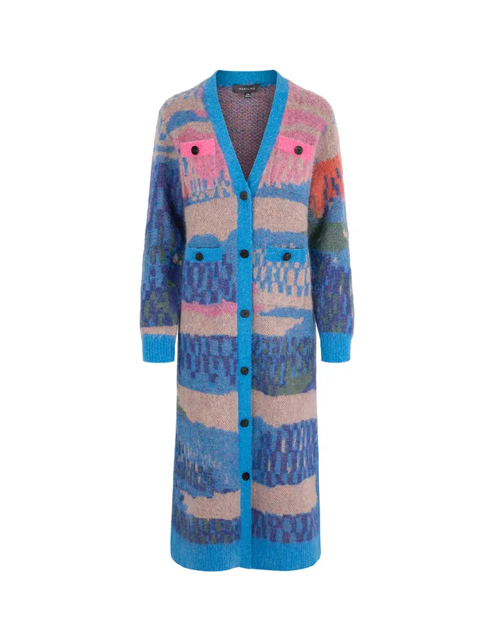 MARYLING Knitwear VNeck ColorStriped Jacquard Long Knitted Cardigan Dark Blue 8211 Women MARYLING Knitwear VNeck ColorStriped Jacquard Long Knitted Cardigan Dark Blue 8211 Women