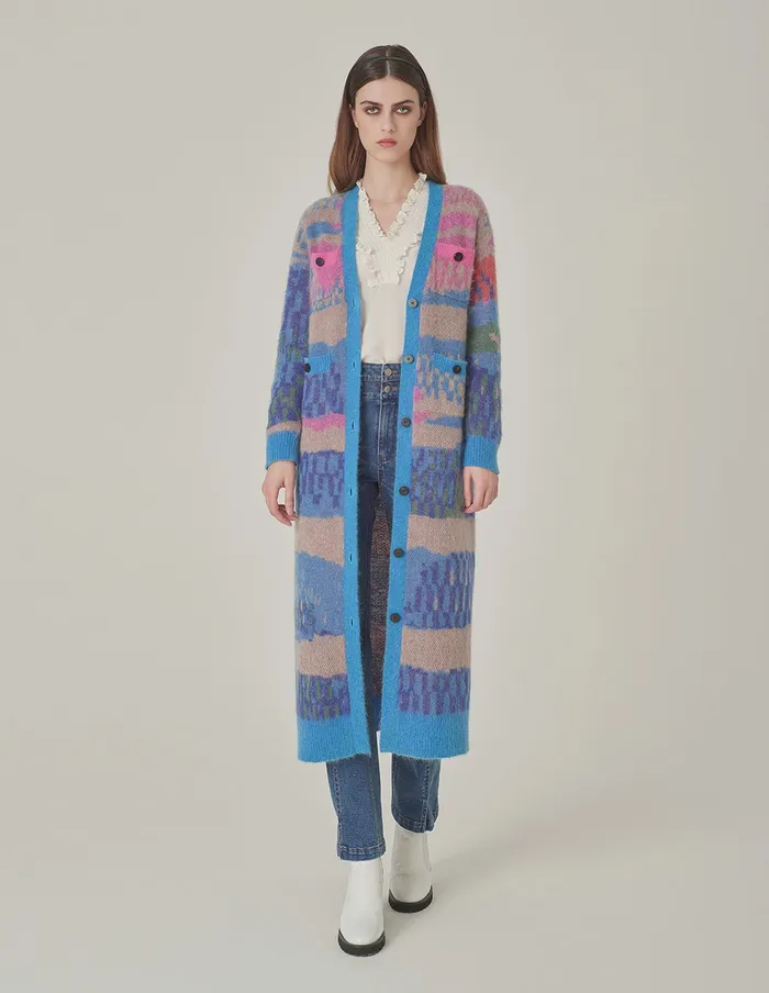 MARYLING Knitwear VNeck ColorStriped Jacquard Long Knitted Cardigan Dark Blue 8211 Women MARYLING Knitwear VNeck ColorStriped Jacquard Long Knitted Cardigan Dark Blue 8211 Women