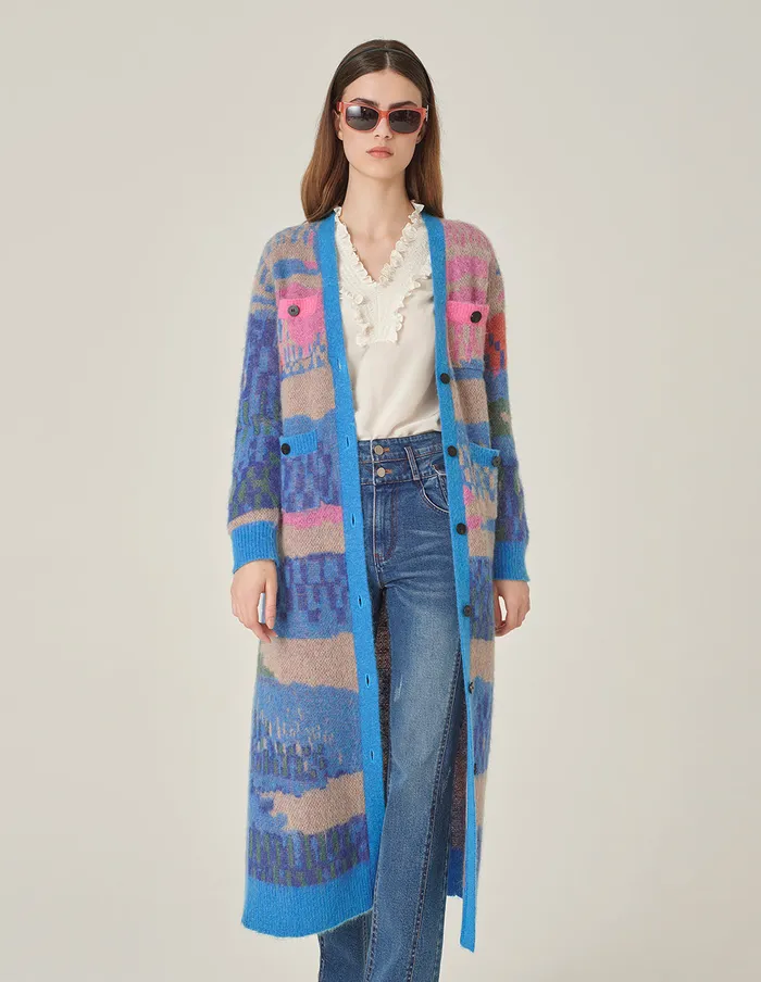 MARYLING Knitwear VNeck ColorStriped Jacquard Long Knitted Cardigan Dark Blue 8211 Women MARYLING Knitwear VNeck ColorStriped Jacquard Long Knitted Cardigan Dark Blue 8211 Women