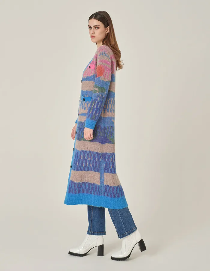 MARYLING Knitwear VNeck ColorStriped Jacquard Long Knitted Cardigan Dark Blue 8211 Women MARYLING Knitwear VNeck ColorStriped Jacquard Long Knitted Cardigan Dark Blue 8211 Women