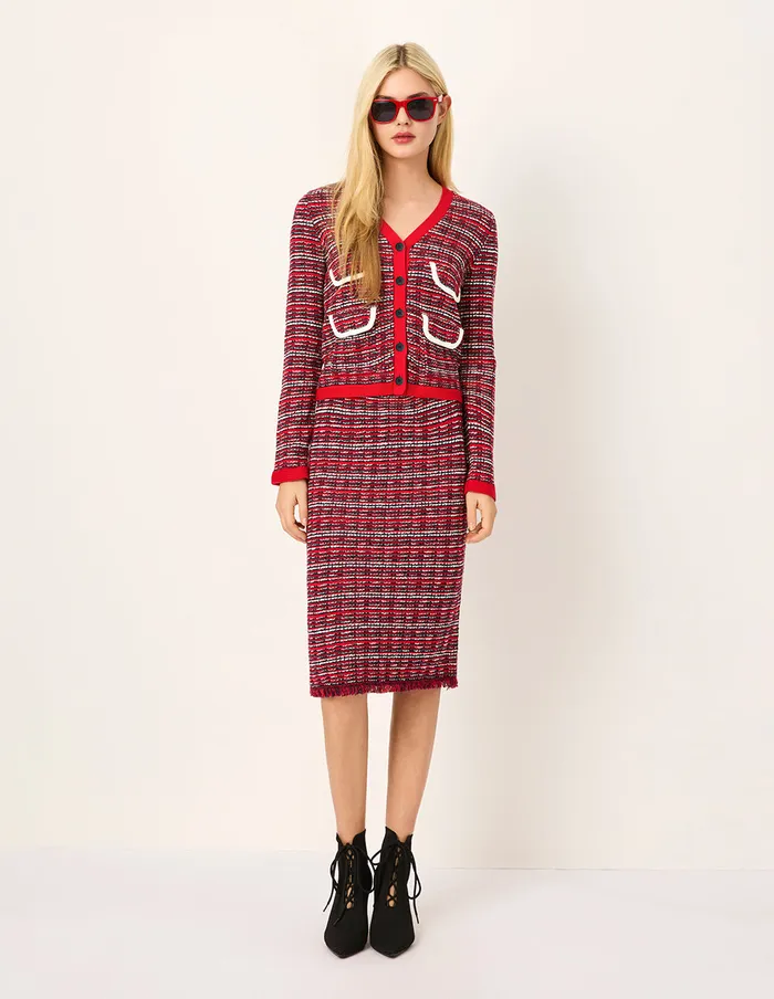 MARYLING Knitwear VNeck Red and White Checkered Tweed MultiPockets Knit Cardigan Red 8211 Women MARYLING Knitwear VNeck Red and White Checkered Tweed MultiPockets Knit Cardigan Red 8211 Women