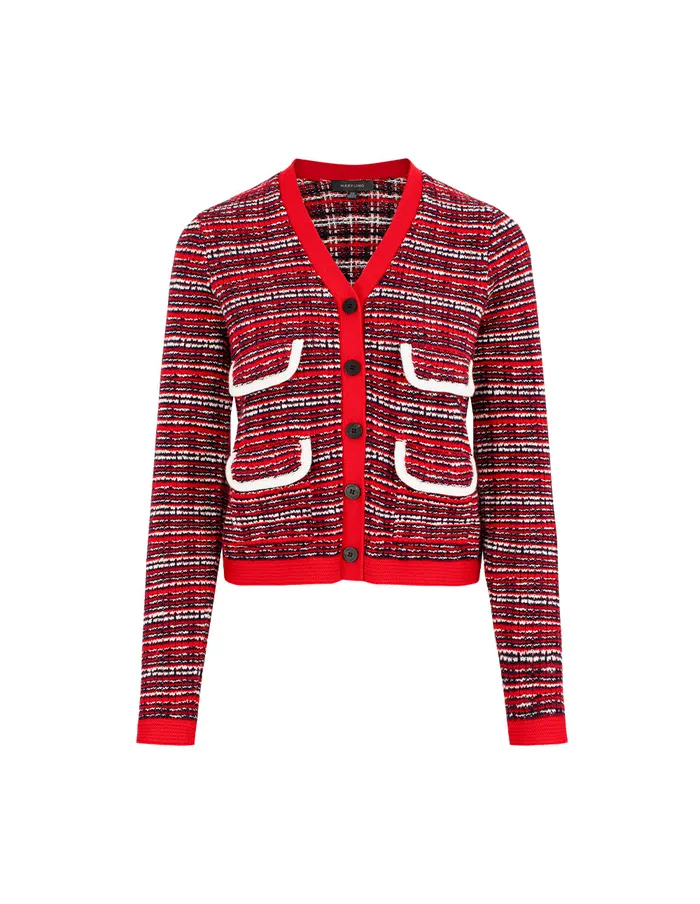 MARYLING Knitwear VNeck Red and White Checkered Tweed MultiPockets Knit Cardigan Red 8211 Women MARYLING Knitwear VNeck Red and White Checkered Tweed MultiPockets Knit Cardigan Red 8211 Women